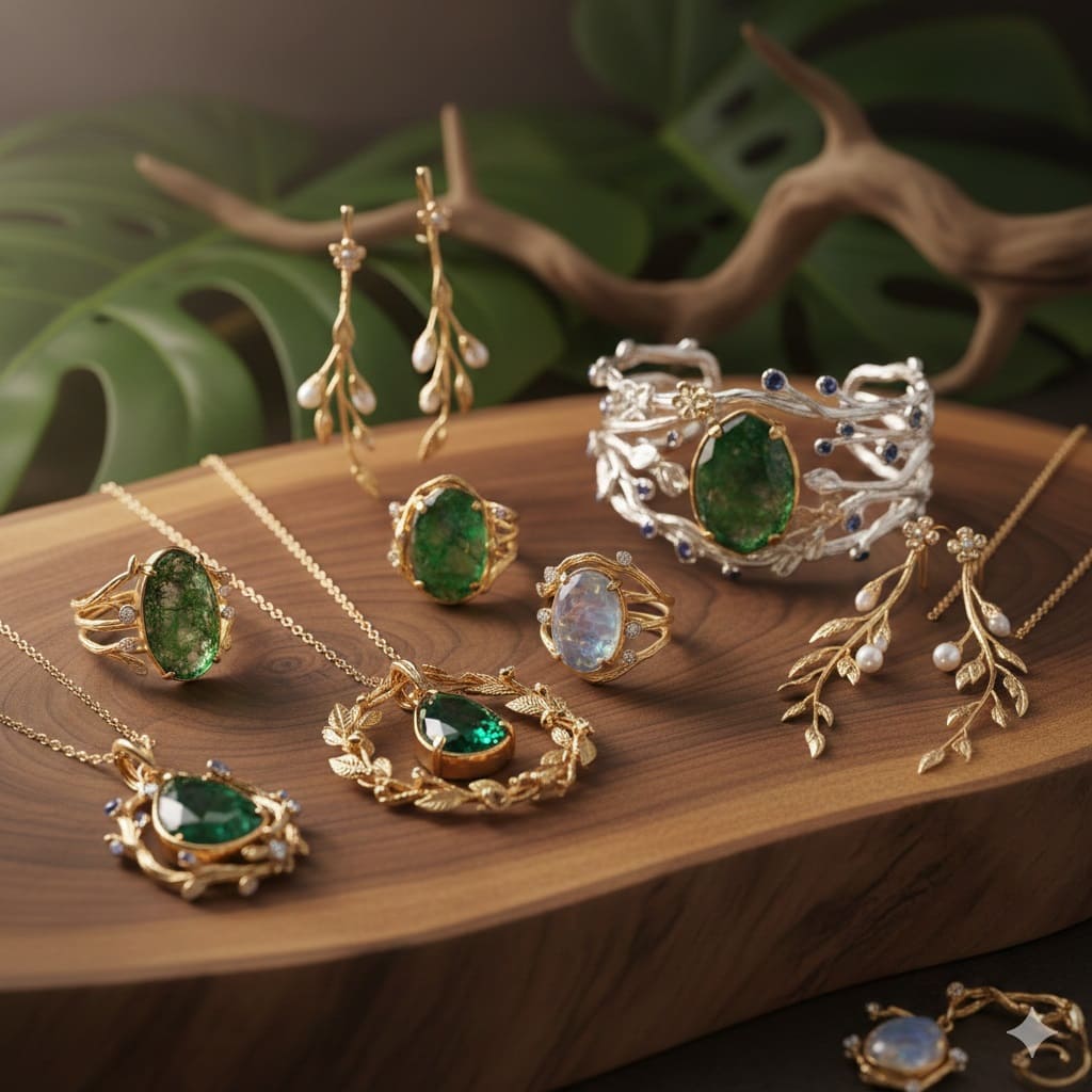 Nature-inspired Hathor Jewelry collection featuring gold necklaces, rings, and earrings