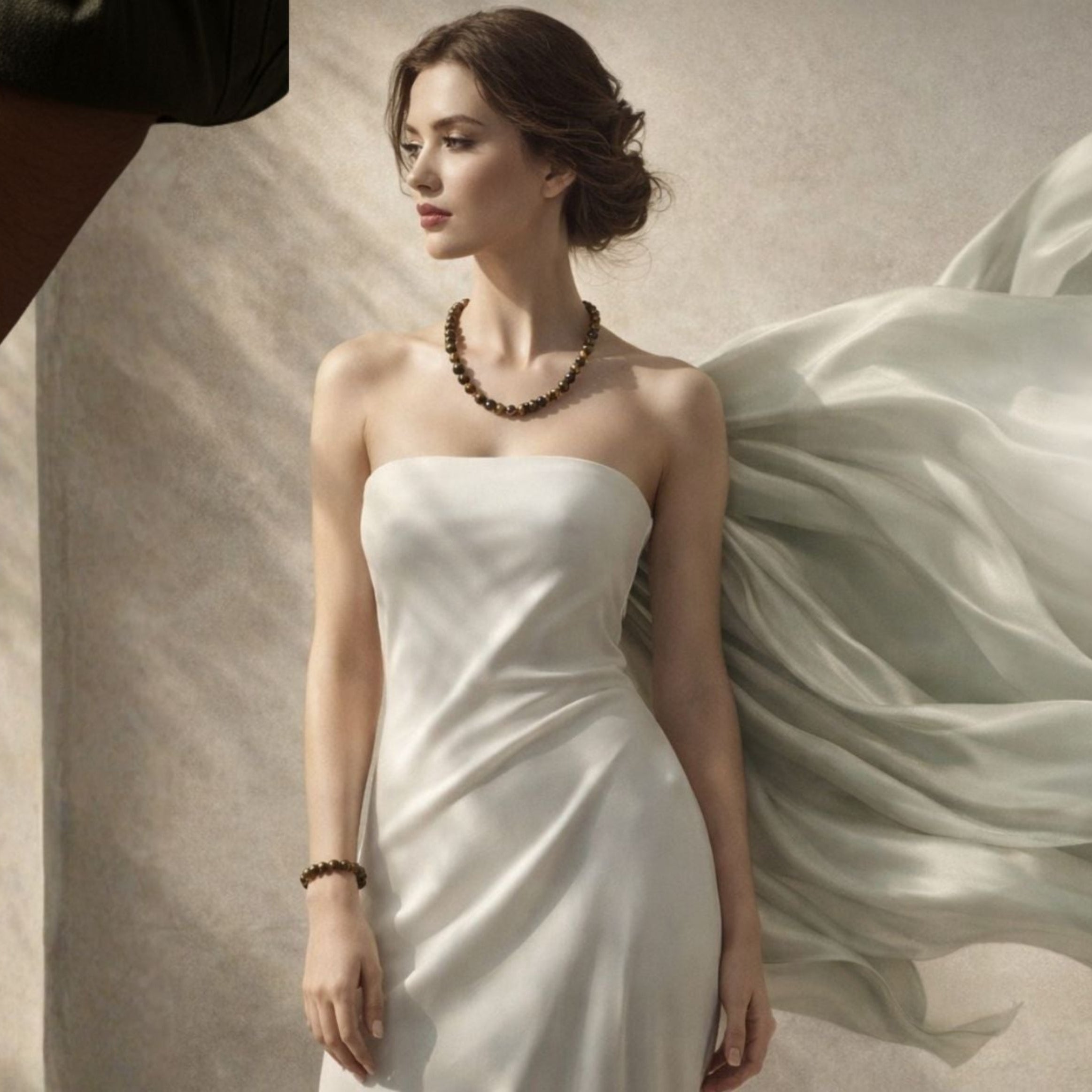 Woman in a white dress with flowing fabric, hand reaching out, and 'Hathor' brand logo.